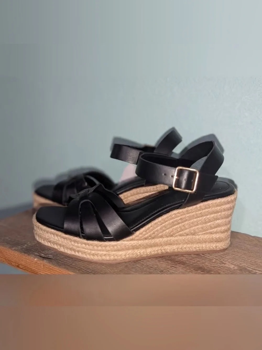 Time and Tru Black Espadrille Wedge Sandals